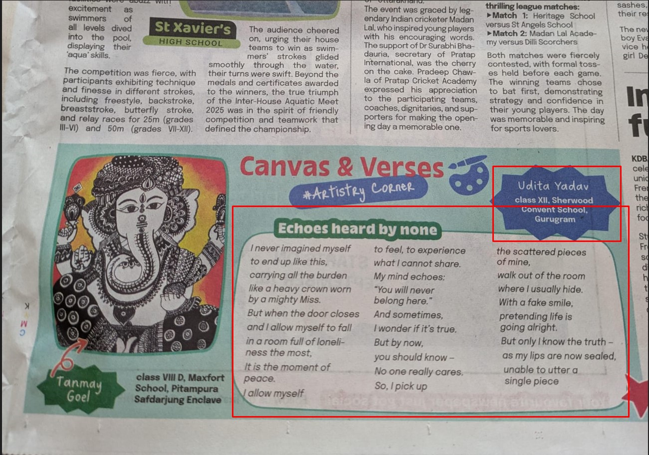 Udita Yadav's Class 12th poem got published in NIE paper. Newspaper in education